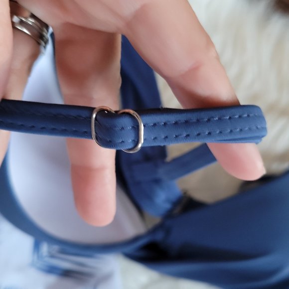 Two Piece Twist Simons Bikini Swimsuit Dark Blue Feather Print Spaghetti Strap M - Picture 10 of 12